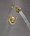 Classic Monitor 13 Series Shower Trim with Single Lever Handle, Brass Detailing, Ready for R10000-UNBX, modern brass shower in use