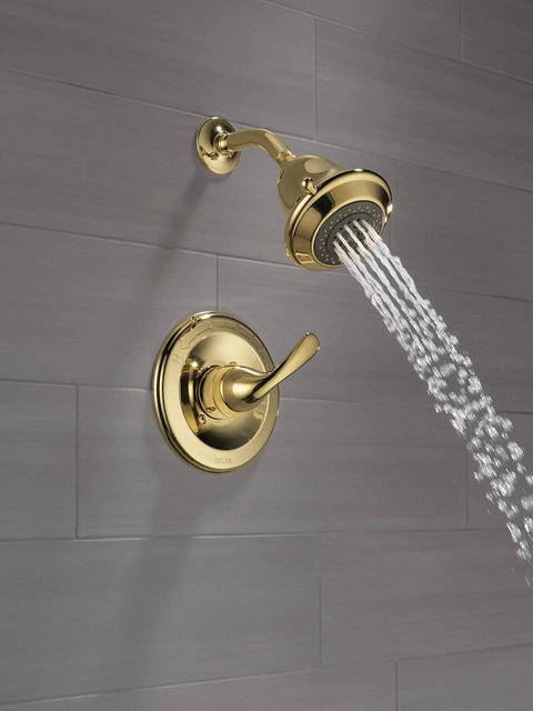 Classic Monitor 13 Series Shower Trim with Single Lever Handle, Brass Detailing, Ready for R10000-UNBX, modern brass shower in use