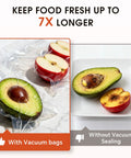 8 By 12 Inch Vacuum Sealer Bags Pre Cut Quart Size with fresh fruit comparison showing apples and avocado with and without vacuum sealing