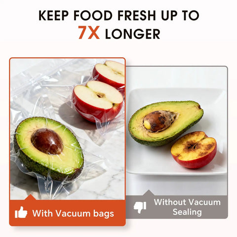 8 By 12 Inch Vacuum Sealer Bags Pre Cut Quart Size with fresh fruit comparison showing apples and avocado with and without vacuum sealing