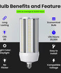 Mega Bright 125W LED Corn Cob Bulb With 15000 Lumens 5000K Daylight 750W Replacement Mogul Base Adapter Included 25000 Hour Life Energy Saving For Barns Warehouses Large Spaces, showing benefits and features.