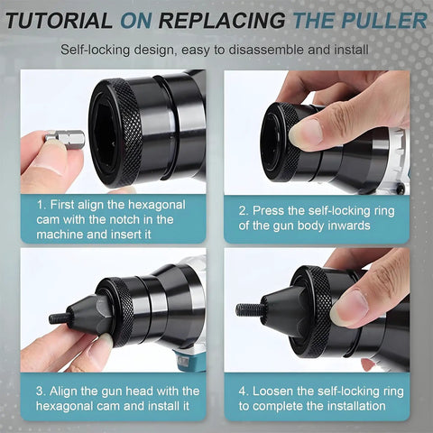 Tutorial steps for replacing the puller on the Heavy Duty Cordless Rivet Nut Gun With 26V Rechargeable Battery And M3 To M12 Mandrels.