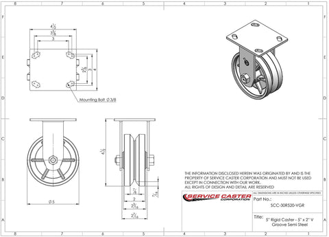 Built Tough 5 Inch V Groove Semi Steel Wheel Rigid Caster design schematic showing dimensions and mounting details.