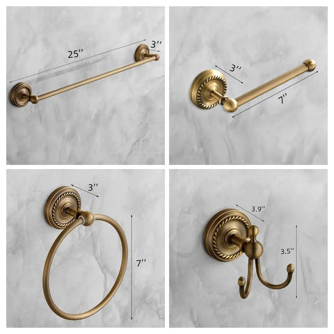 All In One Antique Brass Bathroom Accessories Set With 24 Inch Towel Holder And Wall Mount Hardware showing bar, paper holder, hook, ring