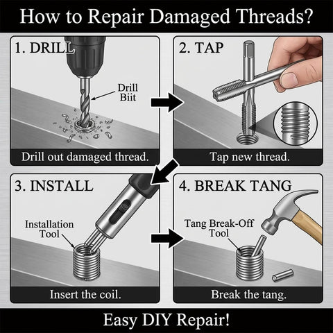 Instructional diagram for using Heavy Duty Pro Grade Wire Thread Repair Inserts Kit 304 Stainless Steel Assortment M3 Through M12 Helicoil Style Thread Repair Set 140Pcs Deep Threads Corrosion Resistant Ideal For Metal Fasteners And Restoring Damaged Threads.