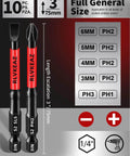 Front view of a 10-piece magnetic screwdriver bit set with red S2 steel bits PH1–PH3 and slotted heads, 1/4-inch hex shanks