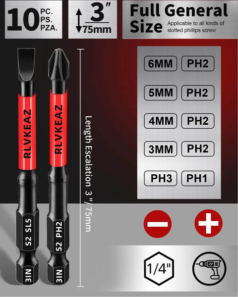 Front view of a 10-piece magnetic screwdriver bit set with red S2 steel bits PH1–PH3 and slotted heads, 1/4-inch hex shanks