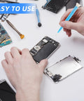 Hands using a precision tool on electronic device parts, showcasing the 4 Piece Plastic And Ceramic Non Conductive Slotted Screwdriver Set For Precision Electronics Repair Circuit Adjustment And Watchmaking With Top Shelf Insulation And Hella Robust Design.
