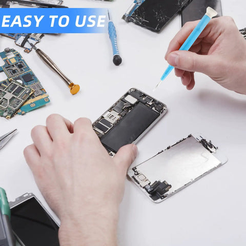 Hands using a precision tool on electronic device parts, showcasing the 4 Piece Plastic And Ceramic Non Conductive Slotted Screwdriver Set For Precision Electronics Repair Circuit Adjustment And Watchmaking With Top Shelf Insulation And Hella Robust Design.