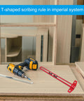 Double Scale T Square Ruler Aluminum Measuring Tool For Inches And Metric with a drill on a wooden workbench