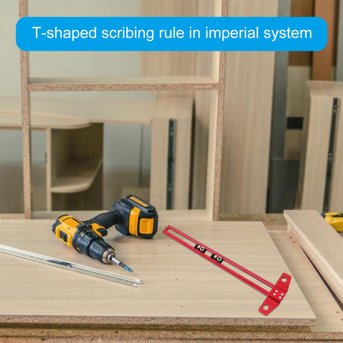Double Scale T Square Ruler Aluminum Measuring Tool For Inches And Metric with a drill on a wooden workbench