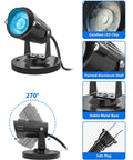 Indoor LED Spot Lights 5W RGBW Uplighting with Remote, showcasing 270° adjustable head and safe plug details.