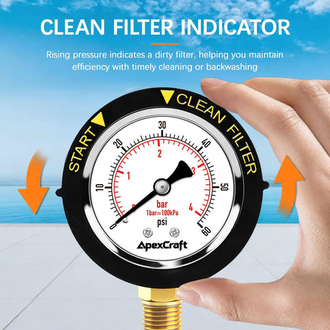 Stainless Steel Pool Filter Pressure Gauge With Two Inch Dial 0 To 60 PSI Bottom Mount One Quarter Inch NPT IP67 Waterproof Anti Corrosion For Pool Pump Spa And Aquarium Filter Clean Filter Indicator, 2-inch dial close-up