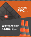 2 Pack 28 Inch Orange Collapsible Traffic Cones With Quick Pull Setup And Slick Fold Flat Storage showing PVC base and waterproof fabric.