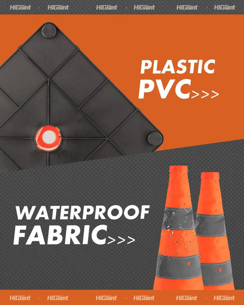 2 Pack 28 Inch Orange Collapsible Traffic Cones With Quick Pull Setup And Slick Fold Flat Storage showing PVC base and waterproof fabric.