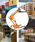 Heavy Hitter Foldable Electric Forklift With Hydraulic Material Handler in a warehouse setting with boxes and containers.