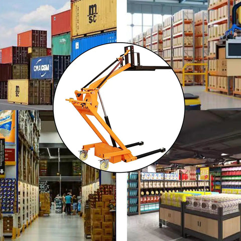 Heavy Hitter Foldable Electric Forklift With Hydraulic Material Handler in a warehouse setting with boxes and containers.