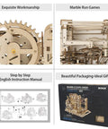 Close-up of 3D Wooden Puzzle Lift Coaster Set With Working Gears Marble Run Model Kit box and manual details.