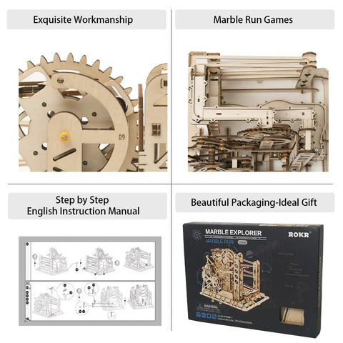 Close-up of 3D Wooden Puzzle Lift Coaster Set With Working Gears Marble Run Model Kit box and manual details.