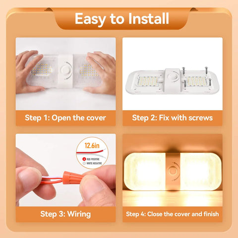 Interior RV Dome Lights Kit With 1700 Lumen Output, 3 Color Modes, 12V LED, installation steps illustration with hands and tools