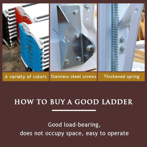 Smooth Operator Electric Attic Ladder Pull Down Staircase showing telescopic design in various colors, stainless steel screws, and thickened spring.