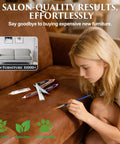 Image of a woman using a DIY Leather Repair Kit For Furniture And Cars With Easy Color Match to fix scratches on a brown couch.