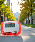 Red Portable Mini Digital LCD Pedometer That Tracks Steps Distance Calories Burned Exercise Time And Daily Target With Accurate Sensor Tech For Walking Running And Fitness On The Go on a sidewalk