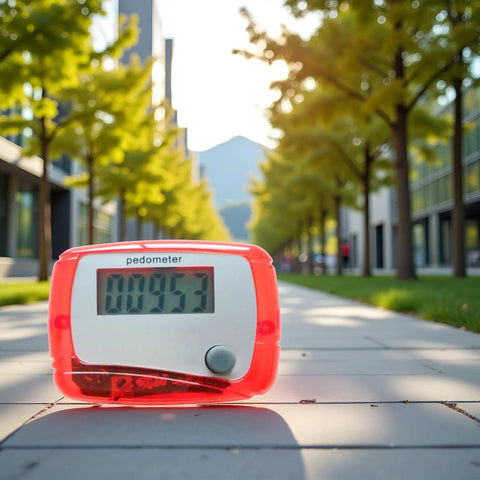 Red Portable Mini Digital LCD Pedometer That Tracks Steps Distance Calories Burned Exercise Time And Daily Target With Accurate Sensor Tech For Walking Running And Fitness On The Go on a sidewalk
