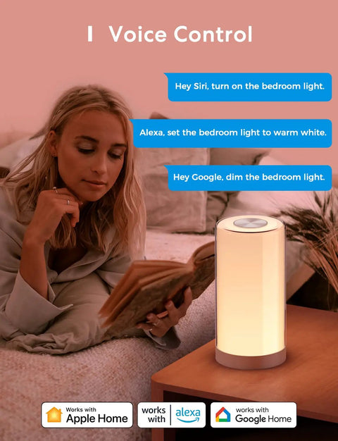 Woman using Smart Table Lamp With Touch Control, Tunable White And Multi Color Lighting, Works With Siri, Alexa, HomeKit And SmartThings