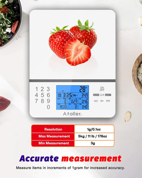 Digital Kitchen Scale With Nutritional Calculator For Meal Prep And Weight Loss, strawberries on backlit display