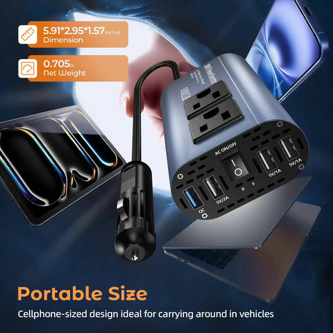 Built Different Heavy Duty 300W Car Power Inverter Converts DC 12 Volt To 110 AC With 4 USB Ports QC3.0 Fast Charging dual AC outlets.