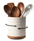 360 Degree Rotating Extra Large Ceramic Utensil Holder for Countertop With Rotatable Wooden Base Deep Capacity Kitchen Utensil Crocks Arctic White Farmhouse Decor