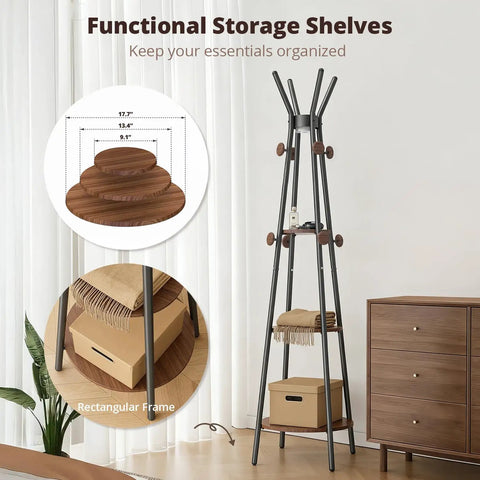 Freestanding Coat Rack With 3 Shelves And 12 Hooks, Motion Sensor Light For Entryway And Living Room, Black metal frame