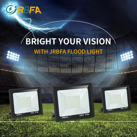 Outdoor stadium with 2 Pack 100W LED Flood Lights, 10000lm brightness, 6500K IP66 waterproof exterior floodlights on display