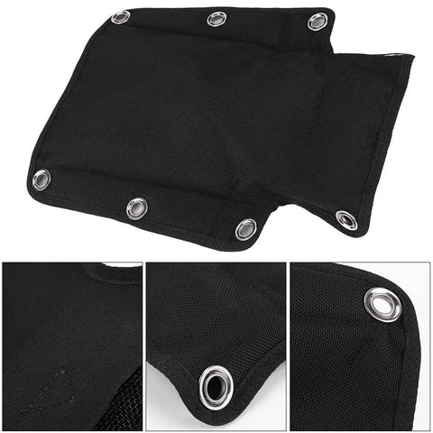 Scuba Backplate Pad Cushion for BCD Harness, Black Nylon Durable Dive Gear Pad with Screws, Universal Fit, close-up of grommets