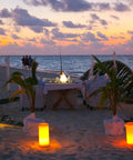 Beach dinner setup with Flameless LED Pillar Candles With Hemp Rope And Remote Timer Real Wax Battery Operated Candles