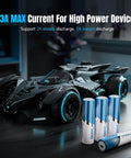 Badass 1.5v Lithium Aa Batteries 16 Pack Hella Long Lasting 3600mWh Rechargeable Cells with a black racing car.