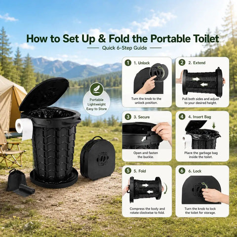 Rugged Yet Foldable Portable Toilet For Adults, Extra Wide Seat Trail Potty With Secure Bags And Grippy Handle, 18.7 Inch Tall Collapsible Campsite Commode For Hiking Rv And Weekend Warriors
