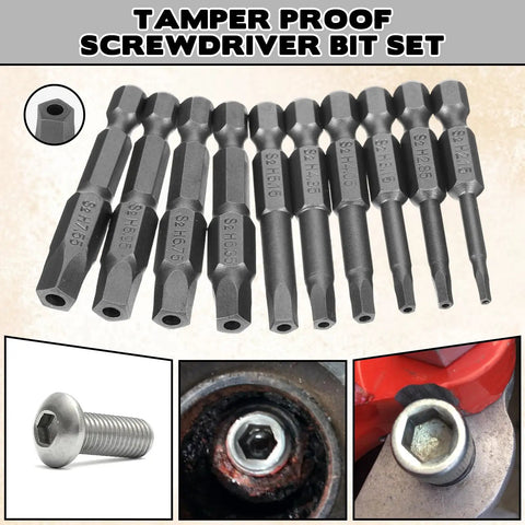Badass Magnetic Security Star Bits Set Featuring Rock Solid S2 Steel Construction No Hassle Quarter Inch Hex Shank Drive Top Notch 5 Point Torx Driver Bits perfect for tight spaces, showing 10 tamper-proof bits.