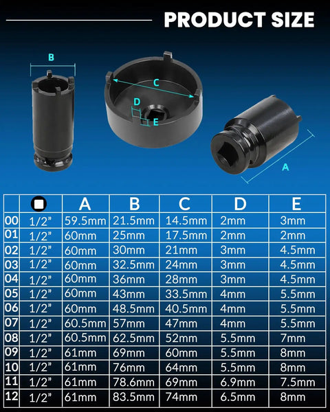 Chart showing dimensions of 13 Piece Spindle Nut Socket Kit For KM Groove Nuts, includes 1/2 inch drive and 4 teeth exterior.
