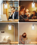 Four scenarios showcasing frosted glass globe floor lamps with LED for office, living room, corner, bedroom; energy-saving mid-century decor