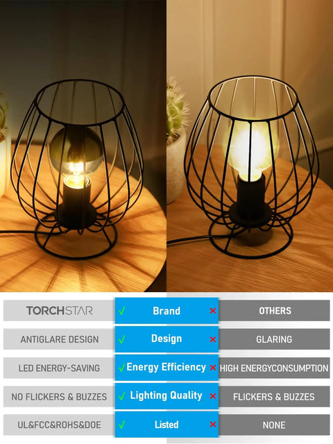 Comparison of dimmable G25 globe LED bulbs on a nightstand lamp, showcasing anti-glare design and efficiency features.