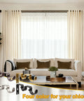 Double Curtain Rod Bracket Set, 6 Pack Metal Wall Mount Holders in four colors displayed with living room setting and curtains.