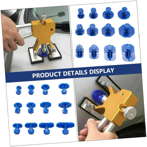 Auto Dent Repair Puller Kit with 18 Removal Tabs and Gaskets for SUVs and Sports Cars shown with detailed parts display
