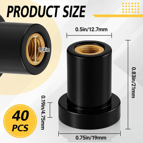 Heavy Duty Rubber Well Nuts With Solid Brass Sleeve Inserts, 1/4 20 X 3/4 Inch Length, 40 Pack showing dimensions and details.