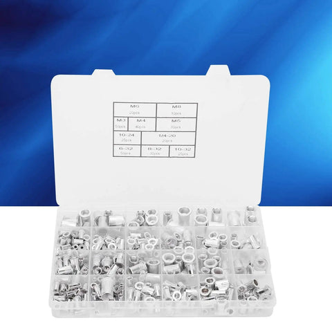 Aluminum Rivet Nut Assortment Kit, 300 Pieces, Threaded Inserts for Metal Plates and Tubes in labeled plastic box