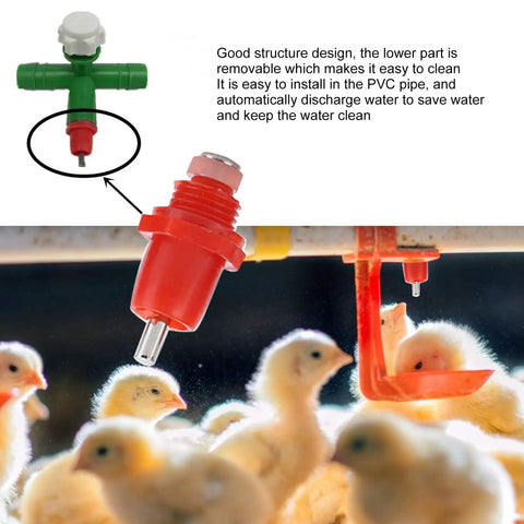 Real Deal 100 Pack Stainless Steel Poultry Water Nipplers with Heavy Duty Screw Mount Base for Backyard Chickens and Farm Flock close-up of drinker.