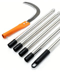 Disassembled Long Handled High Branch Weeding Sickle With Stainless Steel Blade showing handle and extendable poles.