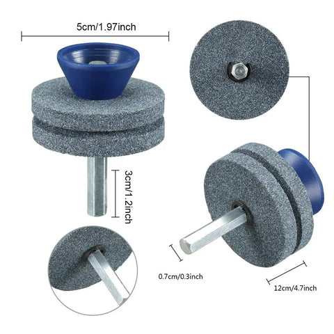 Double Layer Corundum Lawn Mower Blade Sharpener for Any Drill Universal Sharpening Tool With Dual Grindstones shown with dimensions.