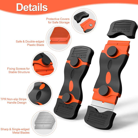 Three Pack Razor Blade Scraper Set With 60 Blades Long Handle Double End Plastic Scrapers And Metal Blades For Glass Windows